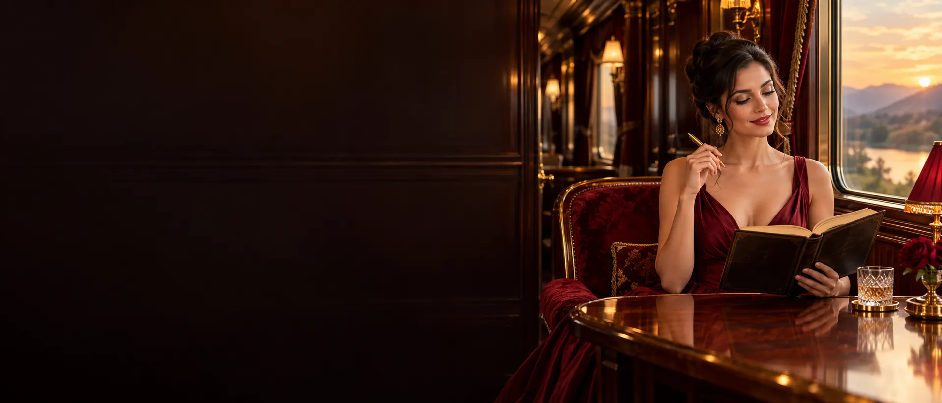 Woman in a crimson dress reading an open rulebook at a table in a luxury train lounge car