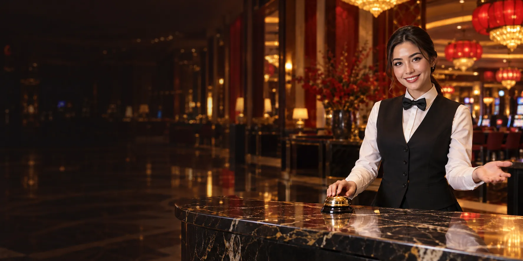 Friendly concierge woman with a gold bell at a marble reception counter in a grand casino hall