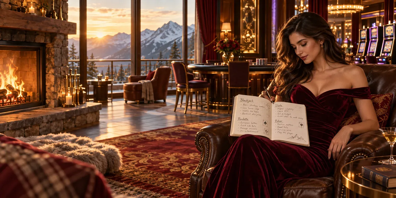 Woman writing notes in a notebook inside an alpine casino lodge