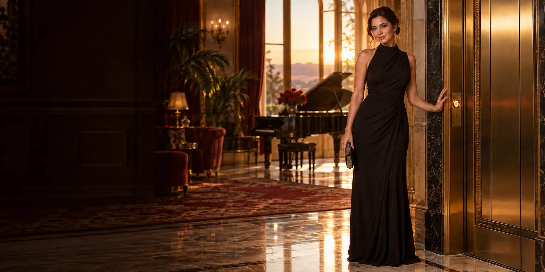 Woman in a black evening gown beside a private elevator in a mansion lounge