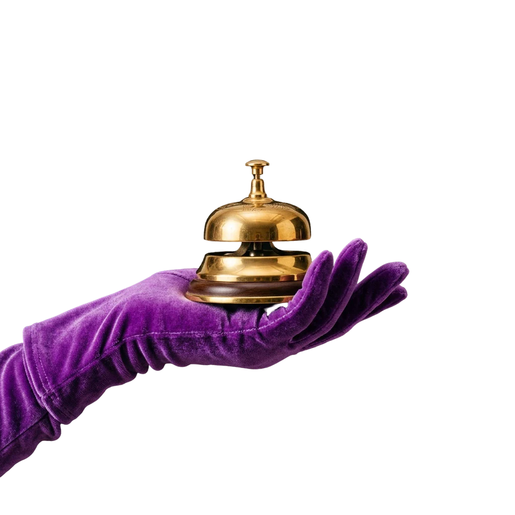 Purple velvet-gloved hand holding a gold service bell
