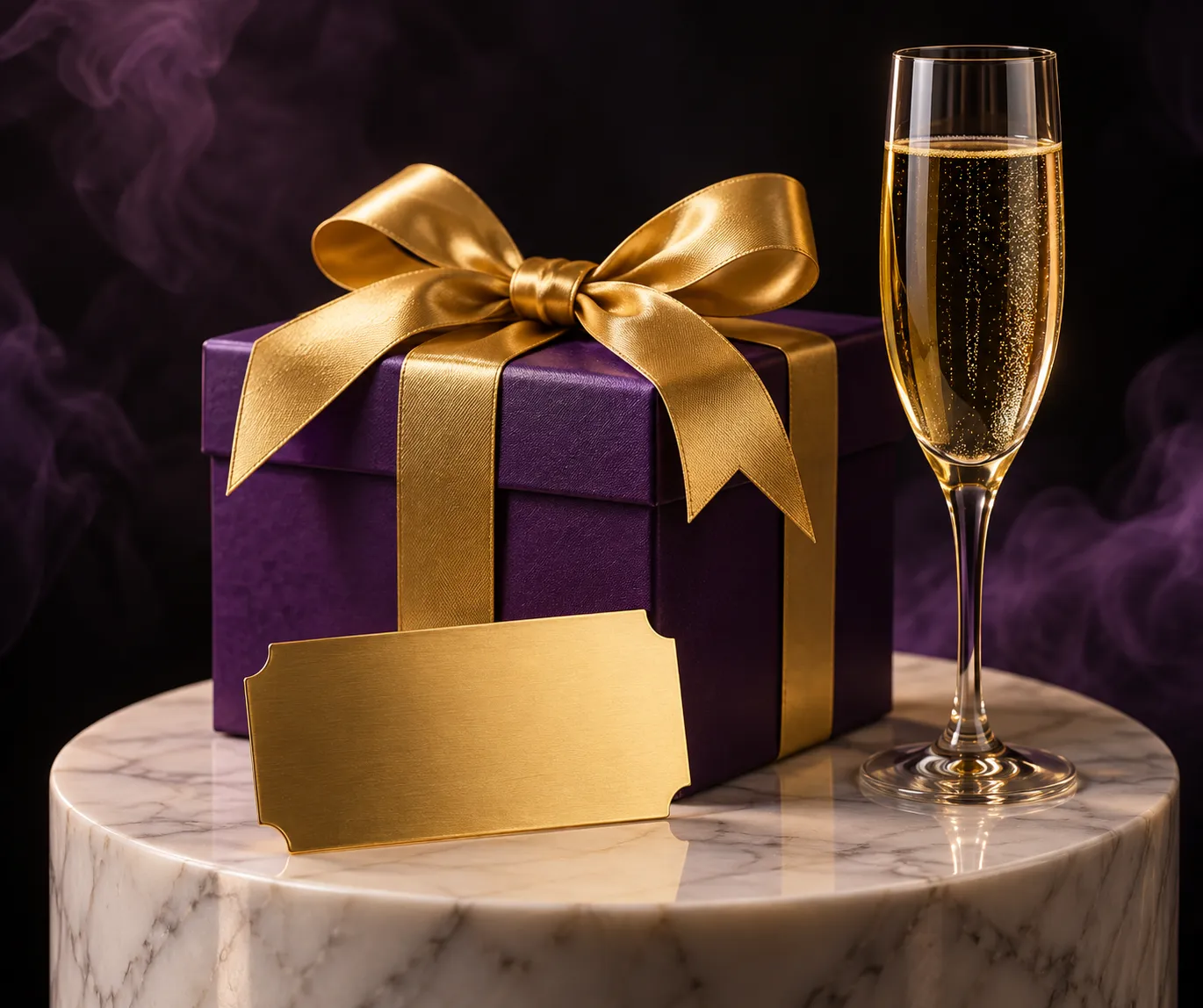 Gift box spilling gold confetti beside a private helicopter at dusk