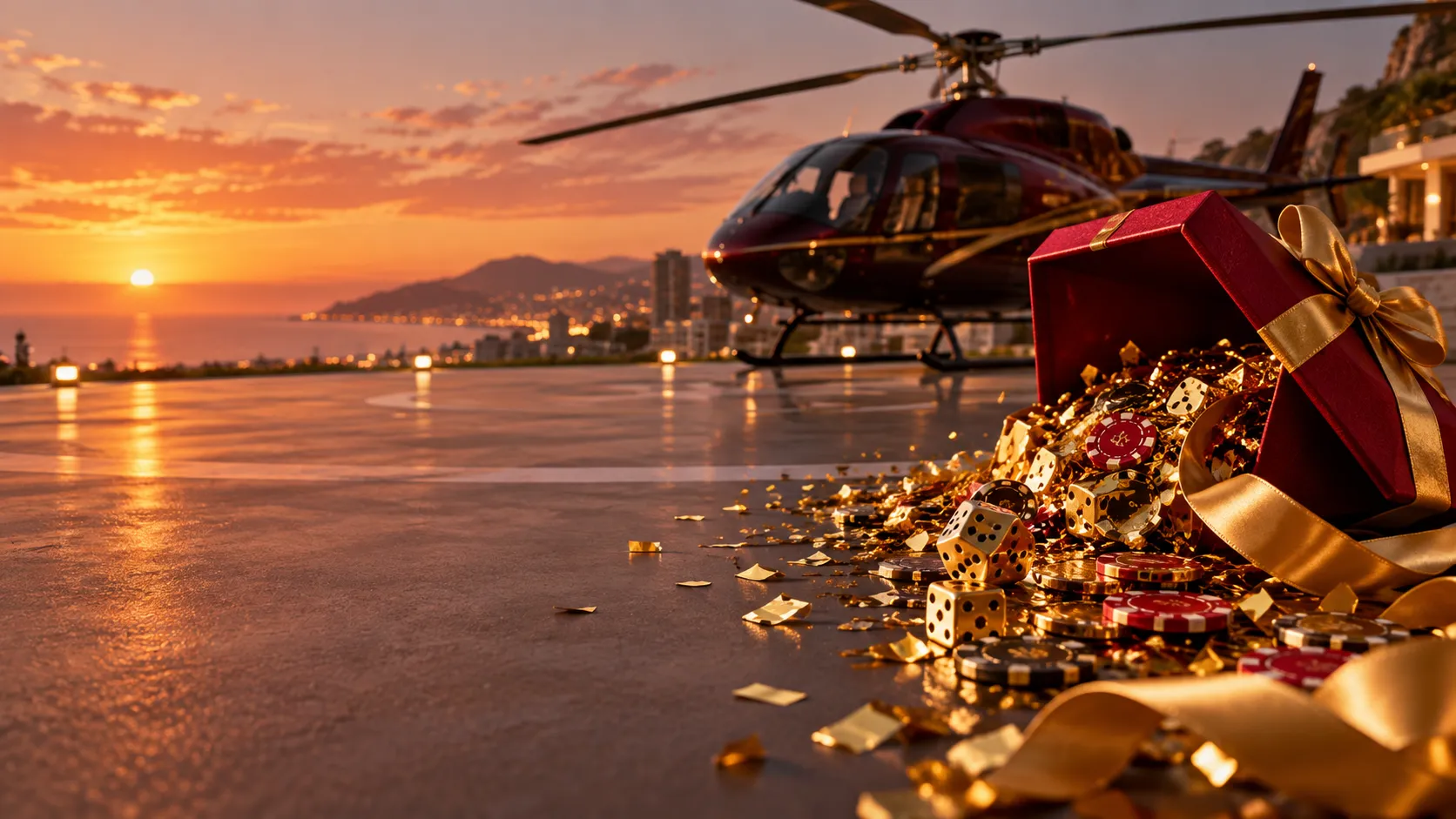 Gift box spilling gold confetti on a private helipad beside a helicopter, symbolising the Here2Win Casino welcome package