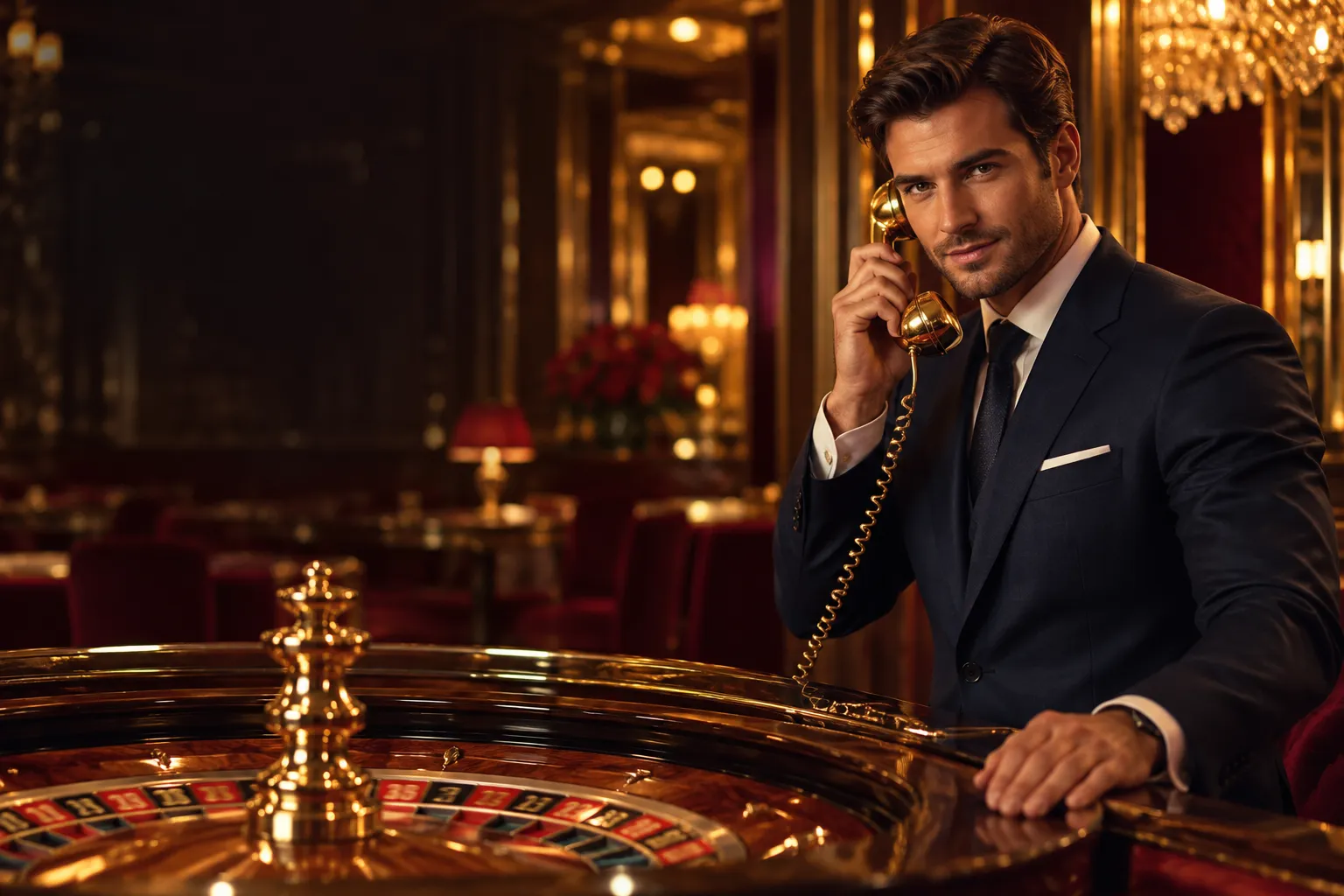 Man holding a gold vintage telephone beside a gilded roulette table