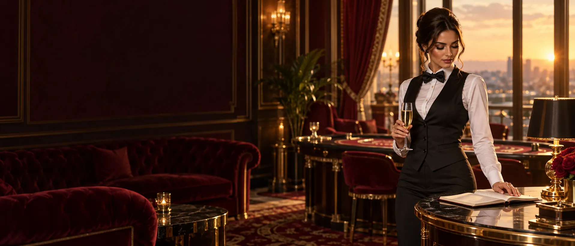 Croupier with a notebook and champagne glass in a private VIP casino room