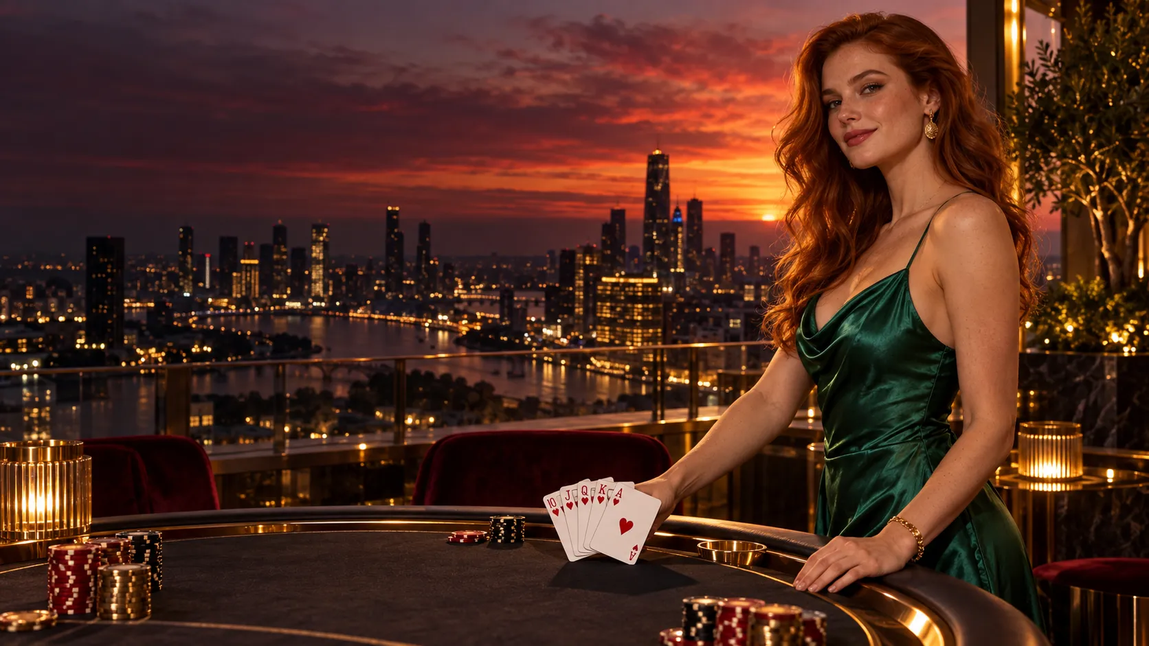 Woman in emerald silk dress fanning a royal flush at a rooftop poker table above a city skyline