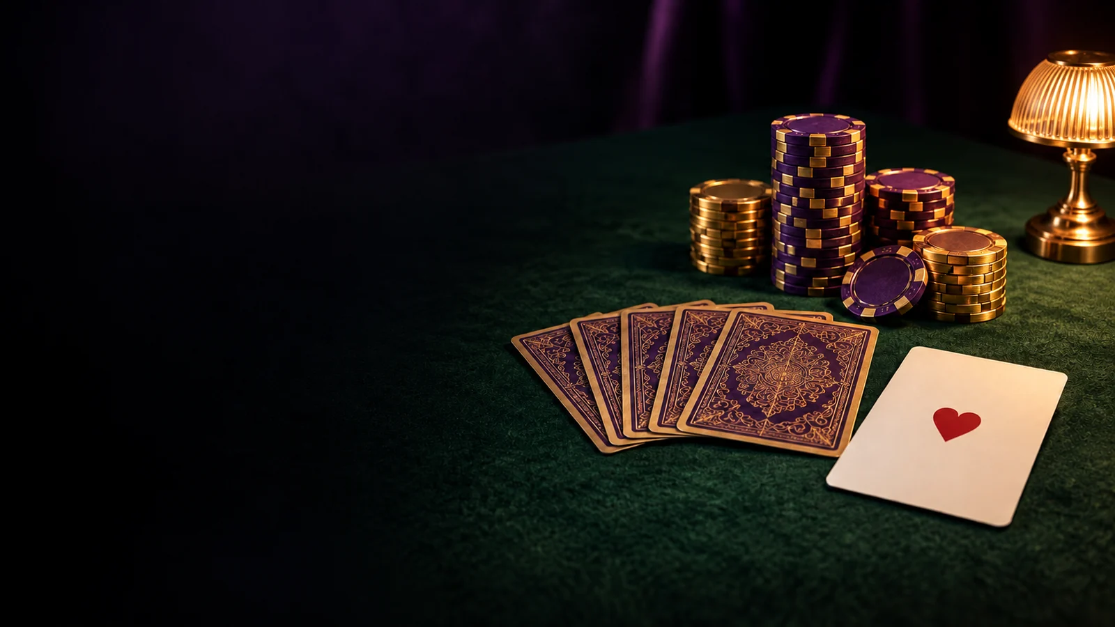 Poker chips and fanned playing cards laid out on green felt