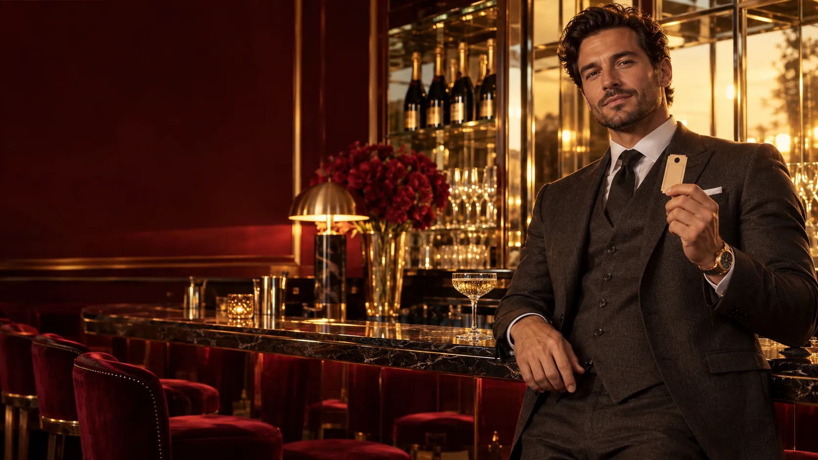 Man in a charcoal suit holding a coat-check ticket at a champagne bar