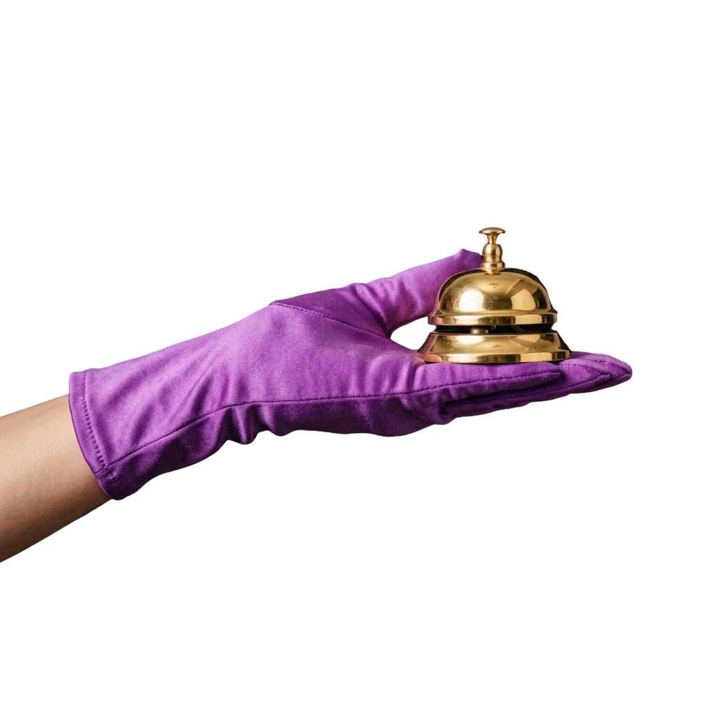 A hand in a purple satin glove holding a gold service bell