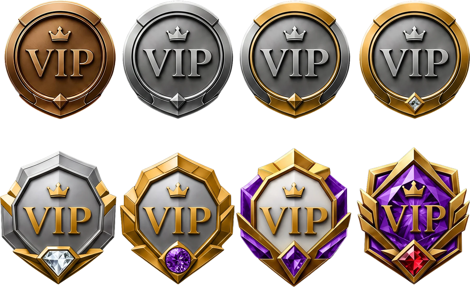 Set of eight tiered VIP badges from bronze up to the top rank