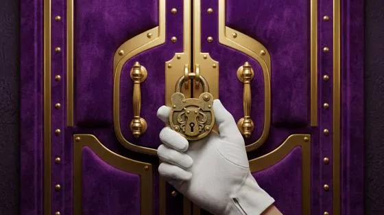 Close-up of purple safe doors with gold fittings and a hanging lock, standing in for account and identity data kept under lock
