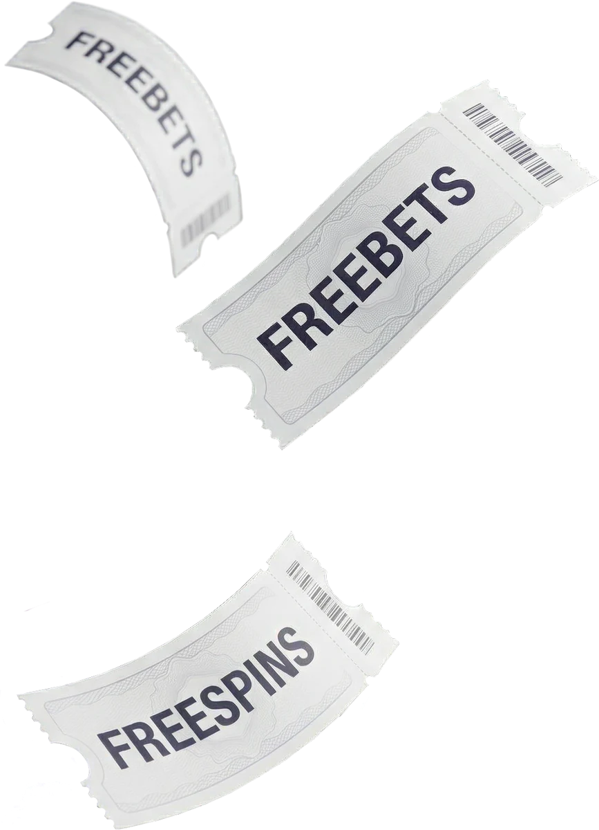 Three paper tickets marked freebets and free spins, symbolising Here2Win Casino bonus rewards