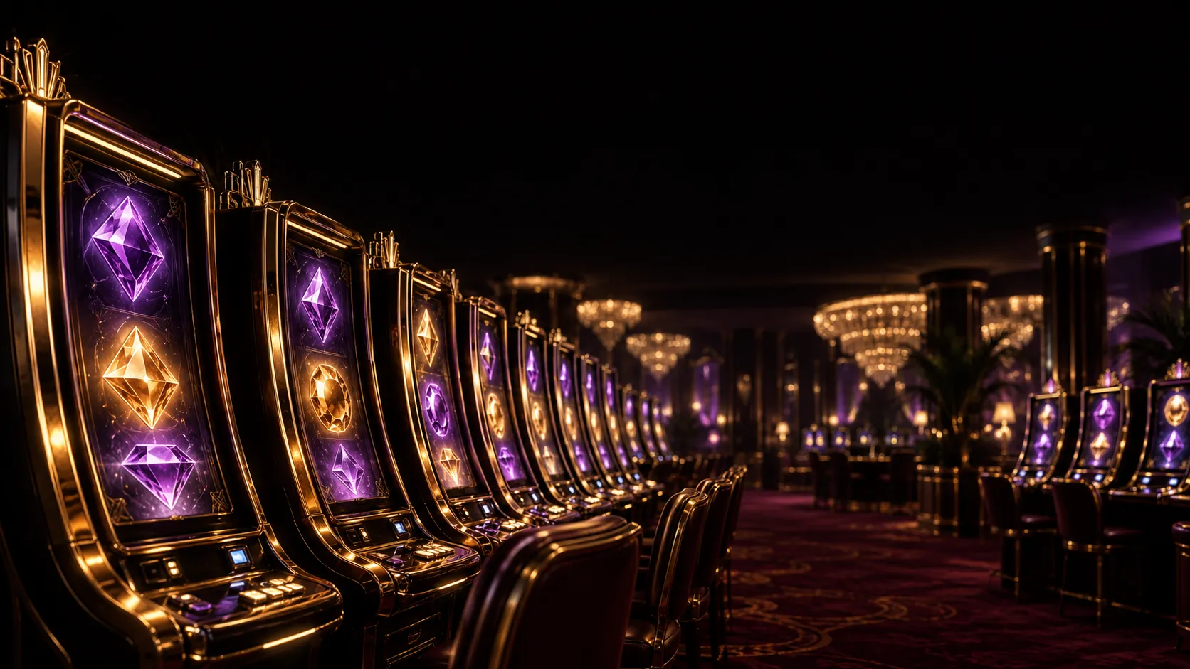 Row of glowing slot cabinets lit up in soft bokeh