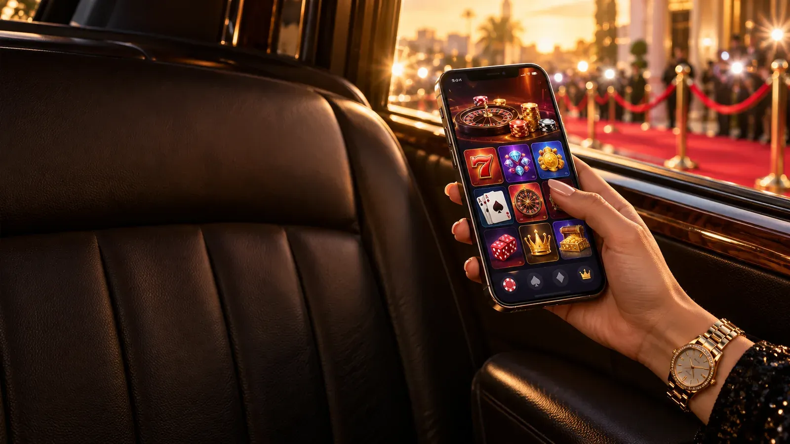 Hand holding a phone with a lit game screen on a limousine seat near a red carpet