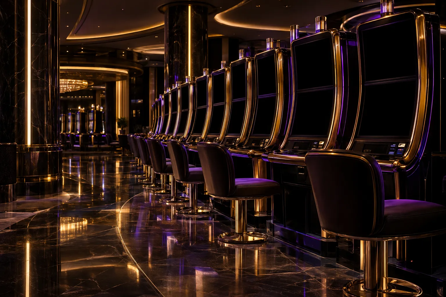 Rows of lit pokie machines on a casino floor